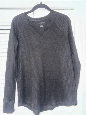 American Eagle Black Waffle Knit V-Notch Crew Top thumbnail 1