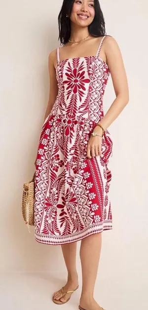 Francesca's Collections Serena Red and White Floral Midi Dress Drop Waist thumbnail 1