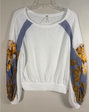 Free People Waffle knit Top XS White Excellent Mixed Media Floral Balloon Sleeve thumbnail 1