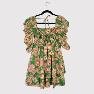 Misa Dress Green Kate Mini Ruched Puffed Floral Pintuck Tie Back A Line Boho XS thumbnail 4