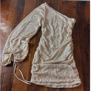 Champagne Gold Sequin One Shoulder Mini Dress Ruched‎ Balloon Sleeve Small thumbnail 1