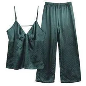 Linea Donatella Large Pajama Set Satin Green Gold Pin Dot Cami Wide Leg Pants thumbnail 2
