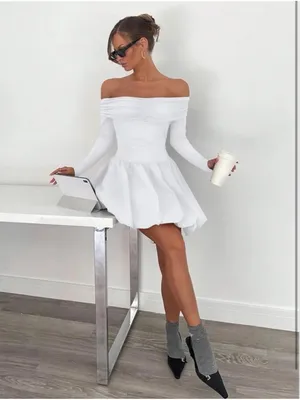 NEW White Off Shoulder Mini Bubble Dress Long Sleeve Drop Waist M thumbnail 5