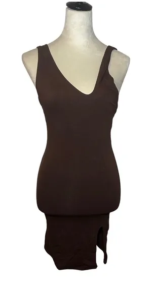 Naked Wardrobe Brown Asymmetrical V-Neck Bodycon Midi Dress Women's M party thumbnail 1