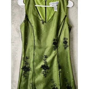 Vintage Y2k Green Dress Black Floral Overlay Beaded 90s Grunge Whimsy‎ Fairy thumbnail 2
