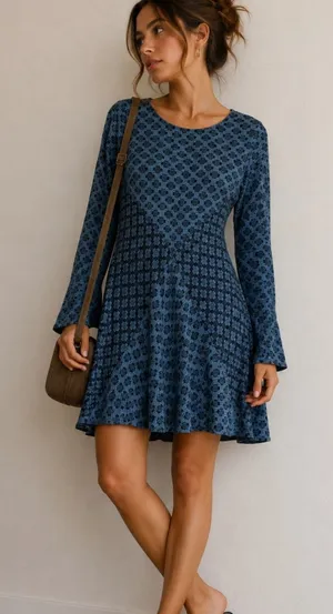 Ace & Jig Blue Patchwork Lagenlook Long Sleeve Mini Dress Womens XS Boho Swing thumbnail 1