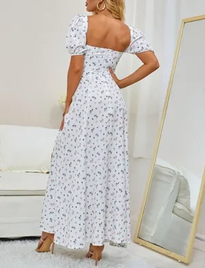 White Floral Off/On Shoulder Short Sleeve Maxi Dress Women’s XS thumbnail 2