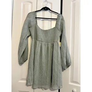 Altar'd State Mini Dress Swiss Dot Sage Green Smocked Long Sleeve NWT‎ Boho L thumbnail 3
