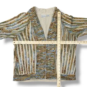 Chicos Shirred Cut Away Art To Wear Short Sleeve V Neck Jacket Tan Multi‎ Large thumbnail 10