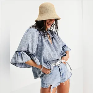 Free People Ainsley Denim Top in Indigo Wash Size Large thumbnail 4