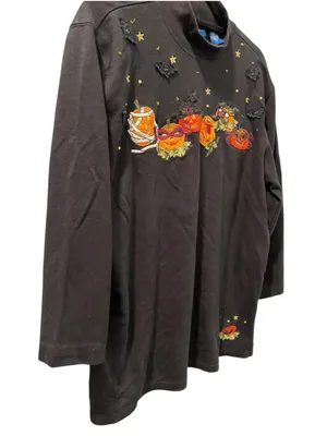 Vintage 90s Karen Scott Halloween Embroidered Mock Neck Shirt Pumpkin Large L thumbnail 8