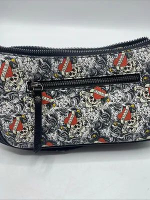 Ed Hardy Shoulder Bag Black Love Kills Slowly Studded Purse Grunge Goth Chains thumbnail 3