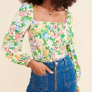 AFRM Revolve Sophie Smocked Top Floral Long Sleeve Square Neck Colorful Spring S thumbnail 1