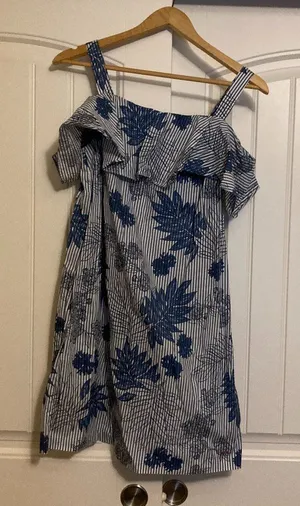 Tommy Hilfiger Sundress Size Small Blue and White Stripes Floral Print Ruffle thumbnail 1
