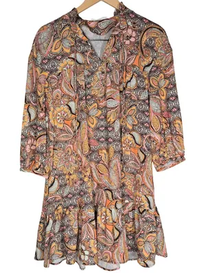 MNG Casual Dress‎ Women's Small Orange Pink Paisley Print Long Sleeve Mini 4 thumbnail 1