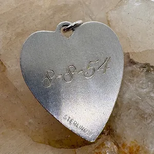 Vintage Sterling‎ Silver Heart Charm Alison 8-8-54 Scalloped Edge Pendant 2.34g thumbnail 2