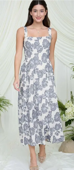Blu Pepper NEW Navy Blue Floral Jacquard Midi Dress Square Neck Sleeveless size Small thumbnail 1