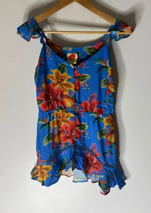 Farm Rio blue floral‎ ruffle sleeveless button down blouse tank XS thumbnail 1