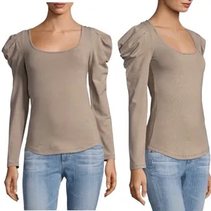Free People Penelope Tan Striped Knit Top Long Ruched Puff Sleeves Size Medium thumbnail 4