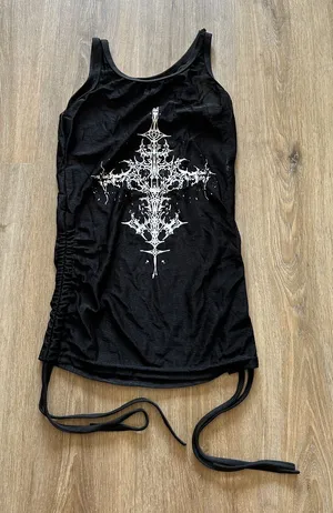 Black mesh tank top with white ornate cross graphic and adjustable tie ruching thumbnail 1