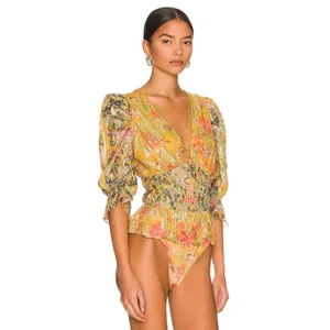 HEMANT AND NANDITA Nova Bodysuit in Mustard Multi X-Small New Womens Blouse Top thumbnail 4
