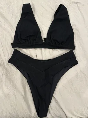 SHEIN Black Ribbed V-Waist Bikini Set - Women Swim thumbnail 1
