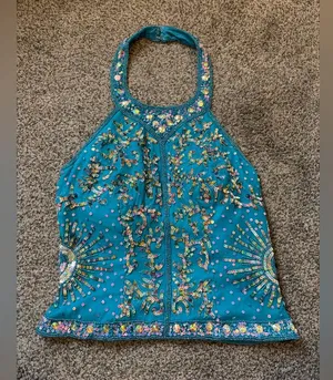 Beaded Silk Halter Top Blue thumbnail 1