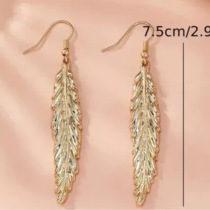 Gorgeous 14K Gold Plated Feather Shaped Dangle Earrings thumbnail 4