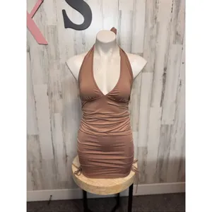 Tan Beige Deep V-Neck Ruched Drawstring Halter Backless Mini Dress XS thumbnail 2