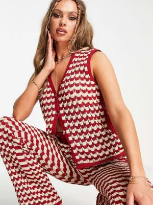 Source Unknown Damson Madder crochet sleeveless cardigan top red and ivory checkered pattern thumbnail 1