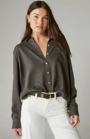 Lucky Brand Solid Boyfriend Button Down Shirt in Grey thumbnail 1