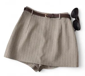 High Waist Shorts Striped Fabric Khaki Skirt Pants skort thumbnail 1