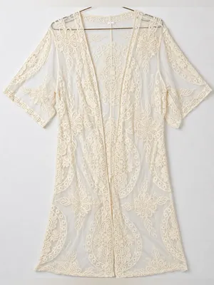 Open Lace Ivory Festival Mesh Kimono Top Size M Relaxed Boho Country Cowgirl thumbnail 1