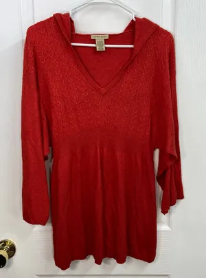 Vertical‎ Design red orange soft knit lambswool cashmere angora hooded sweater L thumbnail 1
