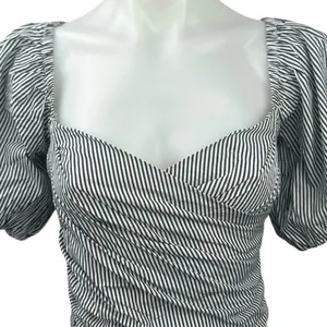 NEW J.Crew White Striped Sweetheart Neck Short Balloon Sleeve Smocked Crop Top M thumbnail 3