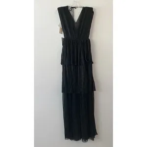 Melloday Black Metallic Plisse Tiered Maxi Dress Sleeveless V-Neck XS‎ New thumbnail 6