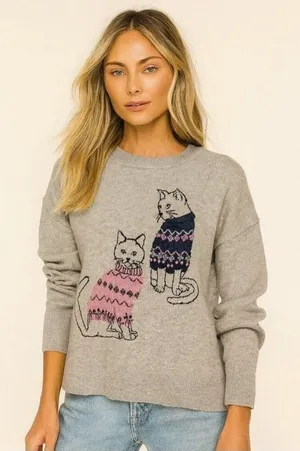 Beldini Double Knit Novelty Cat sweater from Grey kitties graphic design Sz L thumbnail 1