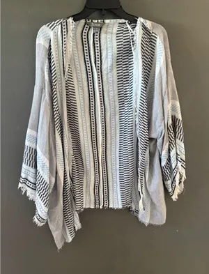 Natural Reflections Blue Striped‎ Frayed Kimono Wrap L/XL Coastal Cardigan thumbnail 1