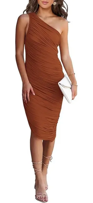 PRETTYGARDEN Women One Shoulder Ruched Mesh Midi Dress Rust Red Size S NWT thumbnail 1