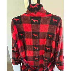 Victoria's Secret Pink Women's Plush Robe Dog Logo Red Black‎ Tie Size M/L thumbnail 5
