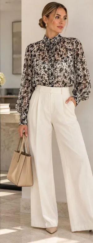 H&M Black White Floral Sheer High Neck Blouse Gold Button Cuffs Size S thumbnail 1