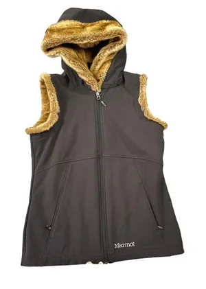 Marmot Womens Brown Softshell Faux Fur Trim Hooded Vest Size Medium Full Zip thumbnail 1