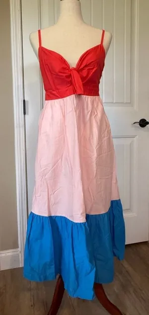 J. Crew Colorblock Tie Front‎ Maxi Dress Coral Pink Blue Spaghetti Strap Size 2 thumbnail 1