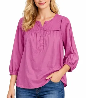 Loft pink cotton puff sleeve boho blouse size M thumbnail 1