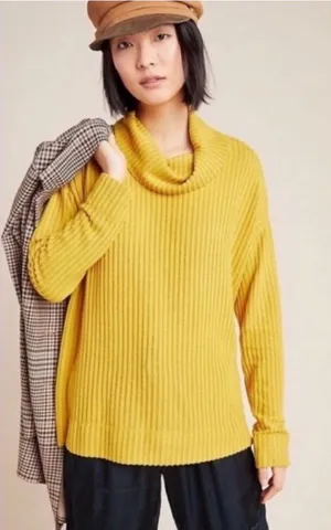 Anthropologie Maeve Chartreuse Ribbed Knit Cowl Neck Sweater Oversized Medium‎ thumbnail 1