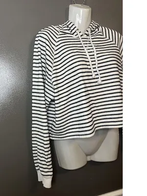 H&M Divided Hoodie Womens Medium Black White Striped Cropped Pullover Raglan thumbnail 2