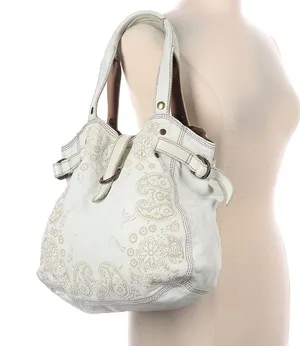 Y2K Lucky Brand White Paisley Print Leather Tote Bag Purse thumbnail 1