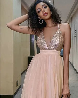 Area Rose Gold Sequin Tulle Mini Dress Peach Pink Size L Pageant Party Fit A4-31 thumbnail 1