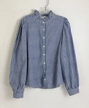 Sugarlips Button Down Shirt Blue White Striped Ruffle Neck Puff Sleeve Large thumbnail 1