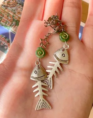 fish bone boho funky unique dangle earrings🌀🐟💙 thumbnail 5